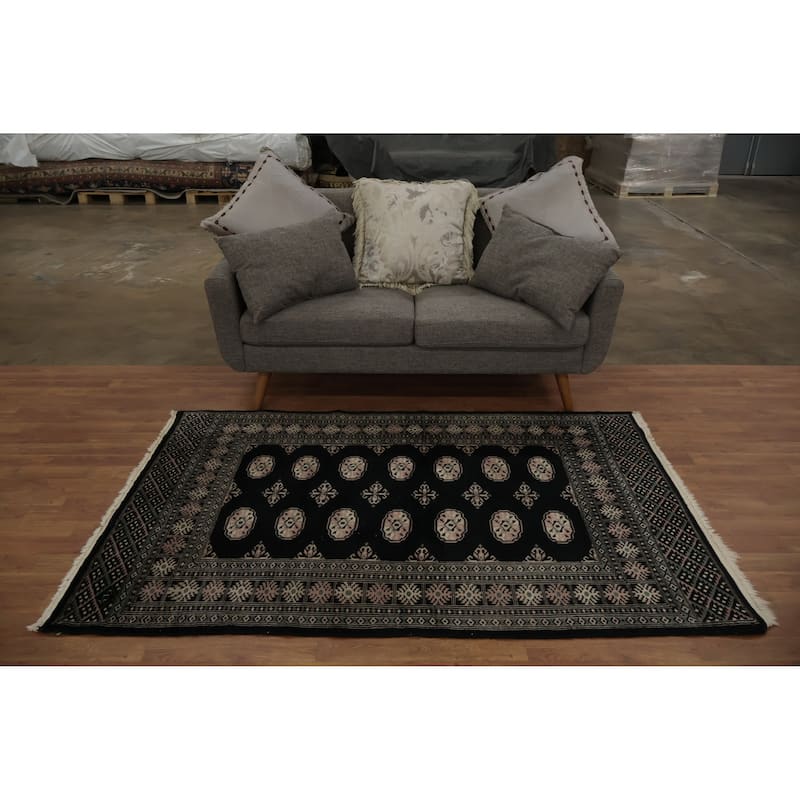 Hand Knotted Oriental 100% Wool Carpet Traditional Geometric Black Bokhara Area Rug - 6' 6'' X 4' 2''