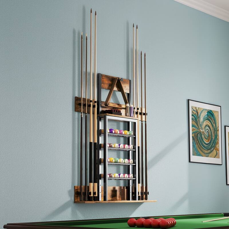 Moasis Pool Stick Holder Wall Mount Holds 8 Cue Sticks & 24 Balls