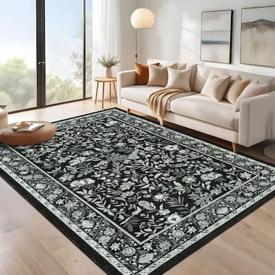 Botanical Area Rugs for Living Room Floral Leaves Pattern Rug Washable Farmhouse Soft Non-Slip Accent Carpet