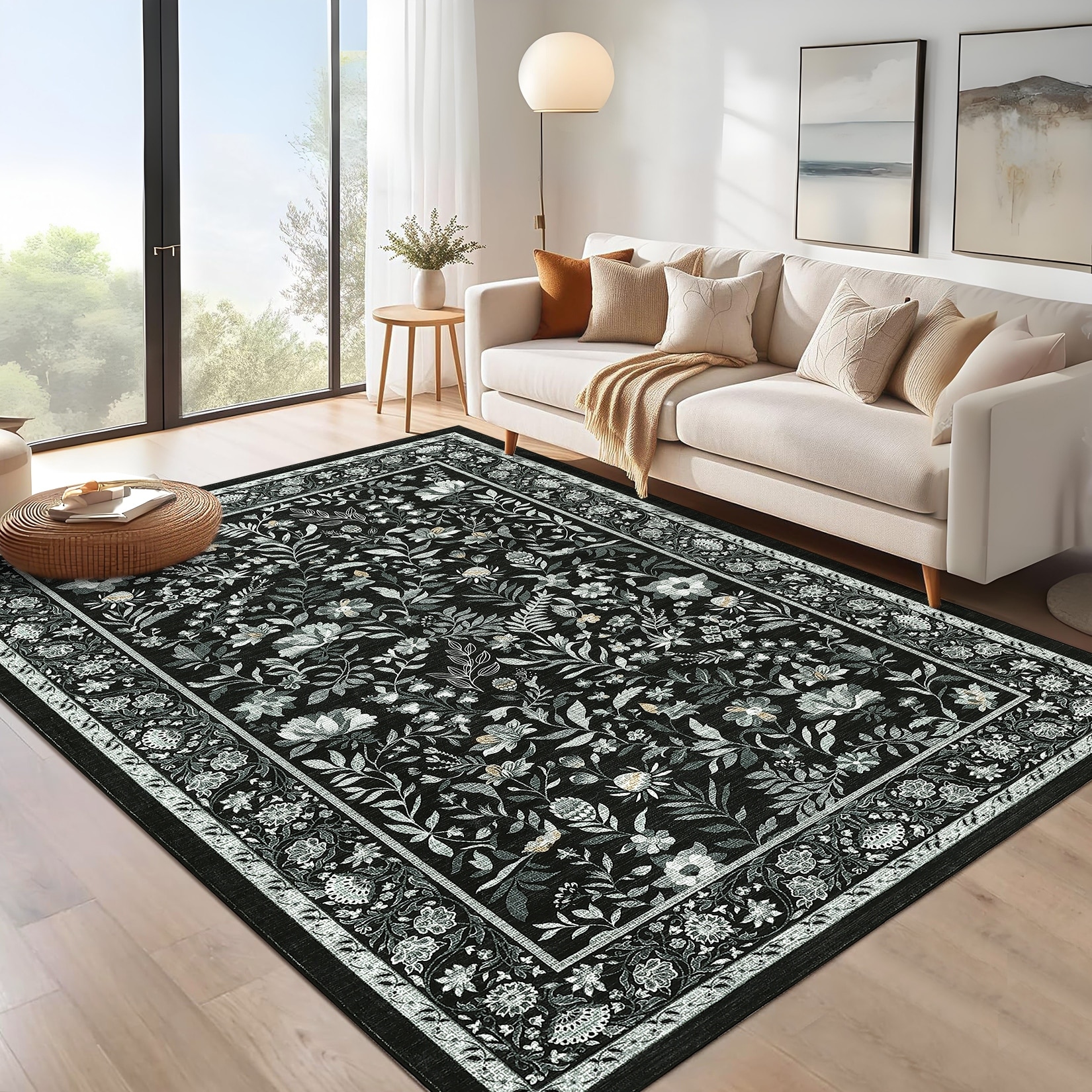 Garvee Washable Vibrant Leaf Floral Area Rug