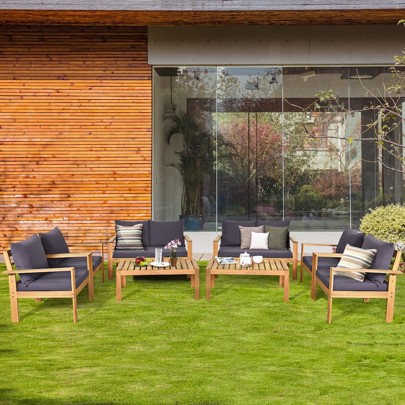 Costway 8PCS Patio Furniture Set Acacia Wood Thick Cushion Loveseat - See Details - Grey - See Details