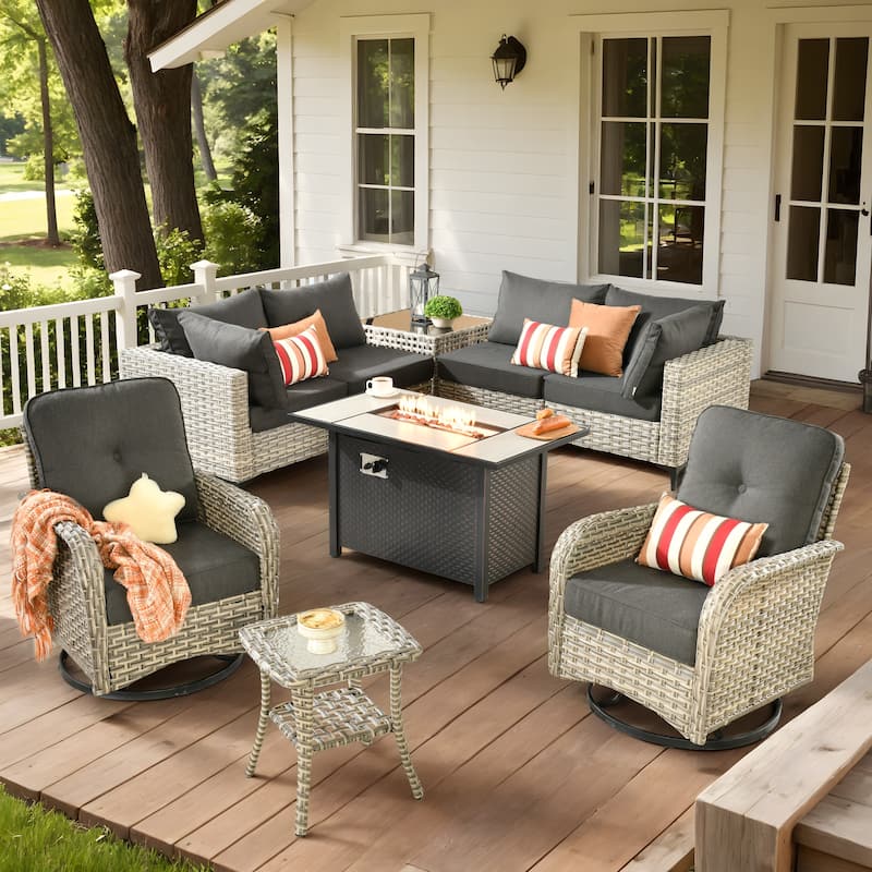 XIZZI 9-piece Patio Furniture Outdoor Wicker Chair Set with Fire Table