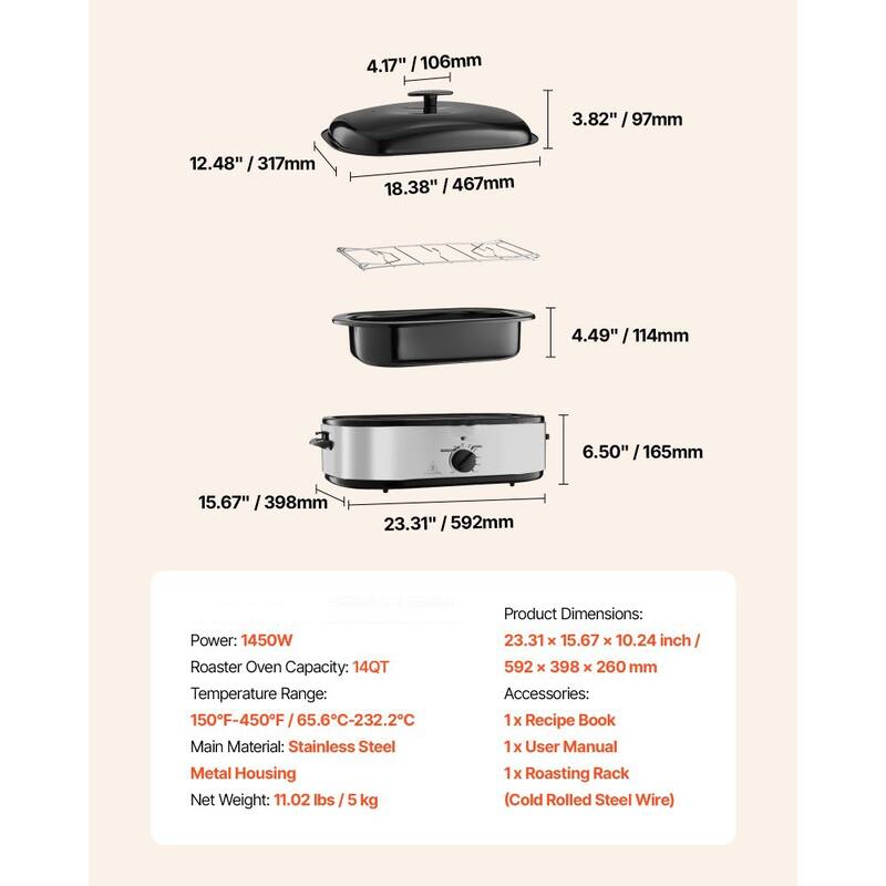 Black-Silver 14QT Electric Roaster Oven with Self-Basting Lid - 23.31 x 15.67 x 10.24 inch