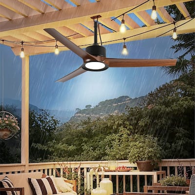 Outdoor Ceiling Fan with Light: 52 Inch Black Waterproof Gazebo Fans with Lights Outdoor Hanging 6 Speed Reversible DC Motor