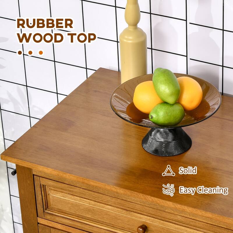 Brown Rubber Wood Kitchen Cart Cabinet with Pull-Out Drawer and Locking Swivel Wheels - 30" L x 18" W x 36.25" H