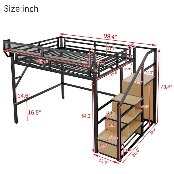 dimension image slide 0 of 2, Metal Loft Bed with Stairs and Storage Shelves