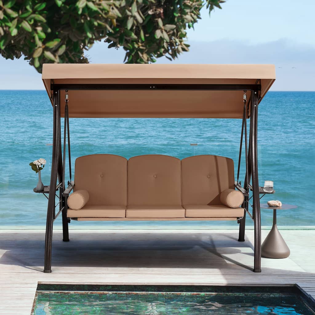 3-Seat Patio Swing with Adjustable Canopy, 750lbs Heavy Duty, Convertible Outdoor Bed, All-Weather, Cup Holders & Thick Cushions