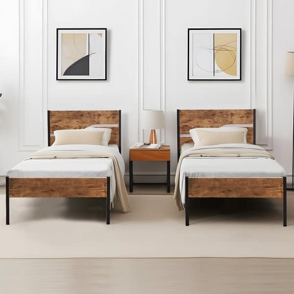 slide 2 of 25, VECELO Twin Size Kids Bed Industrial Platform Bed Frame with Wood Headboard,Twin Size Bed Set of 2 Rustic Brown