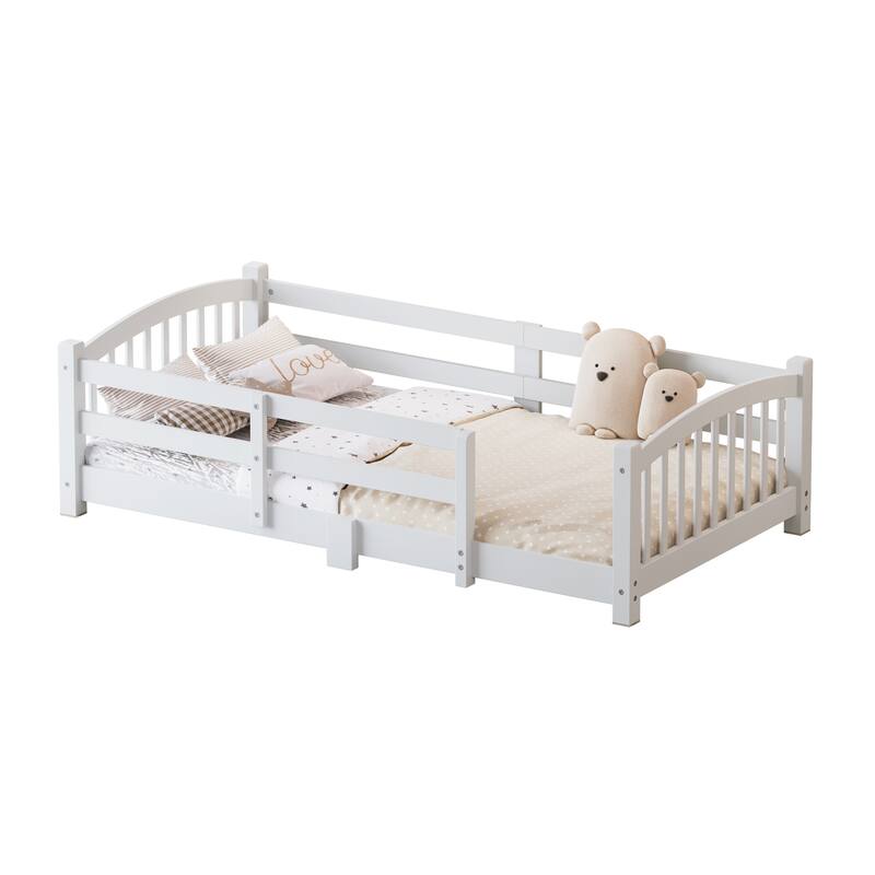Roomfitters Montessori Floor Bed with Guardrails, Solid Wood Low Platform Bed with Slats, Easy Assembly