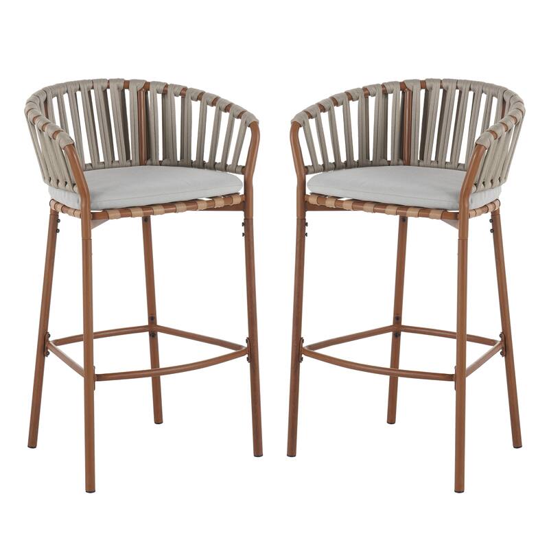 Lodi Outdoor Metal Rope Barstool, Teak Finished Frame and Beige Cushion, Set of 2