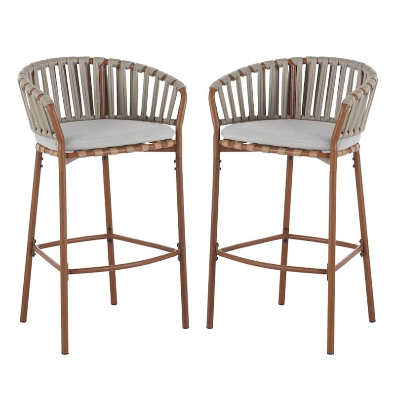 Roomfitters Lodi Outdoor Metal Rope Barstools with Teak Finish Frame, Coastal Patio Seating, Beige Set of 2