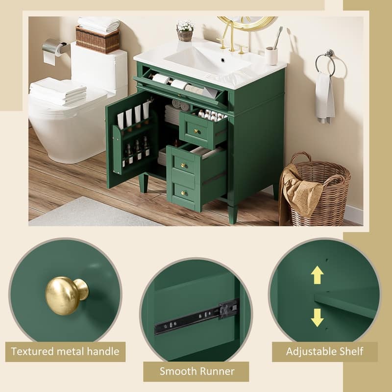 30''Bathroom Vanity with Top Sink, Modern Bathroom Storage Cabinet with 2 Drawers and a Tip-out Drawer