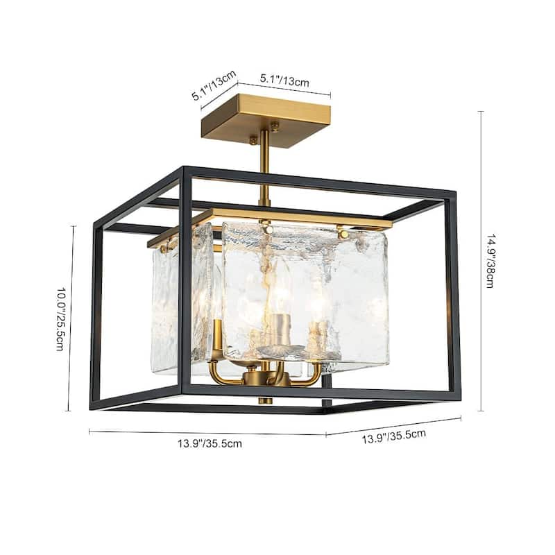 4-Light Modern Ice Glass Black and Brass Tiered Semi-flush Mount - 14.0in