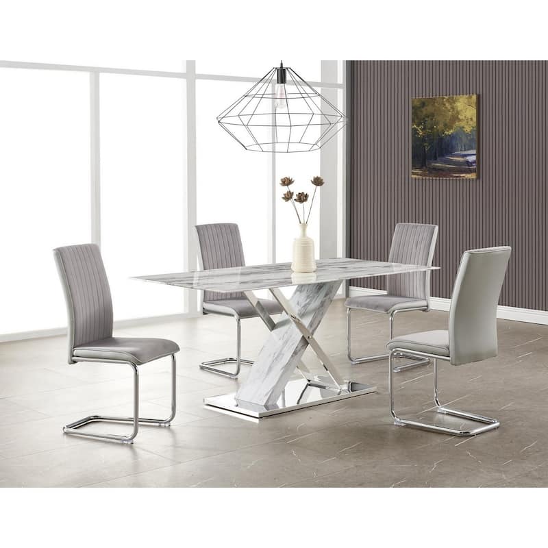 HomeRoots 71" White Marble And Silver Rectangular Marble And Stainless Steel Dining Table