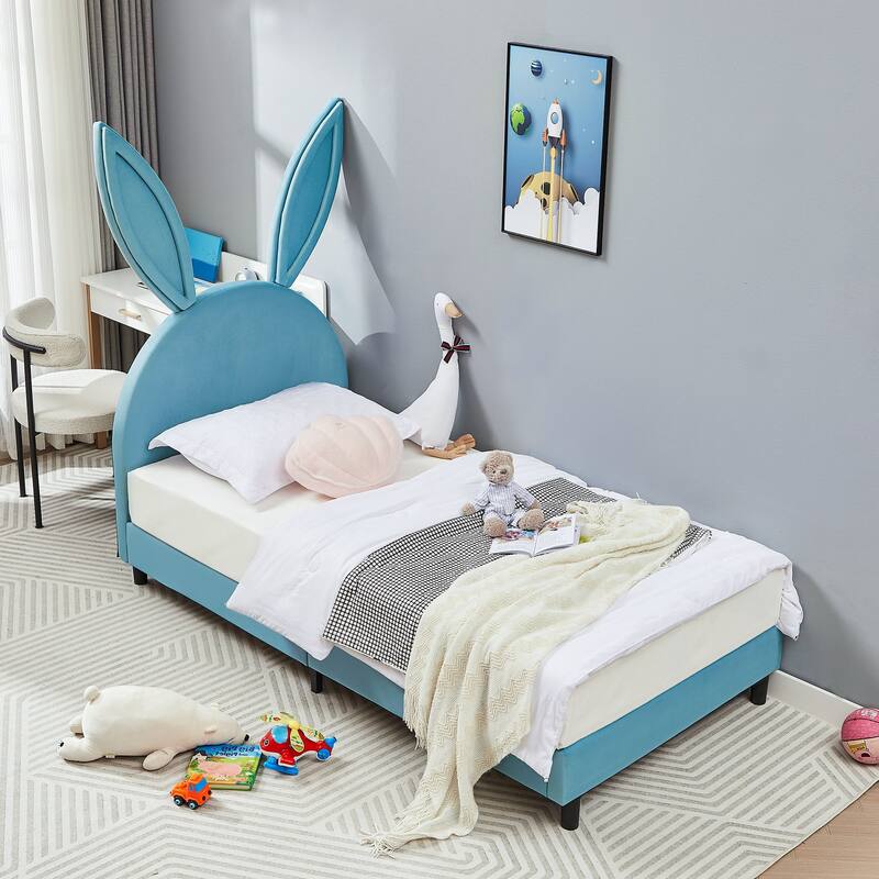 VECELO Wooden Cute Rabbit Twin Bed Frame with Upholstered Headboard, Kids Bed Frame Set of 2