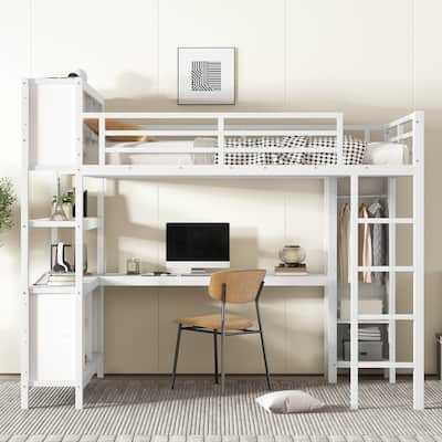 Queen Size Metal High Loft Bed Frame with Wooden Open Headboard, Storage Cubes, Shelves, Wardrobe and L-shaped Desk