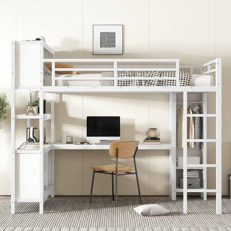 Queen Size Metal Loft Bed with Wardrobe, L-shaped Desk, and Storage Shelves for Kids, Teens, and Adults