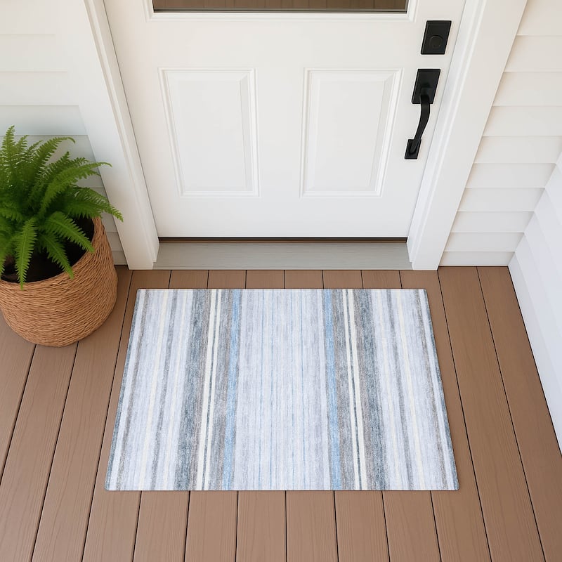 Machine Washable Indoor/ Outdoor Modern Stripes Chantille Rug - Sky - 1'8" x 2'6"