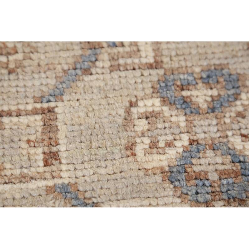 Hand Knotted Oriental 100% Wool Carpet Transitional Geometric Beige & Ivories Oushak Runner Rug - 11' 7'' X 3' 1''