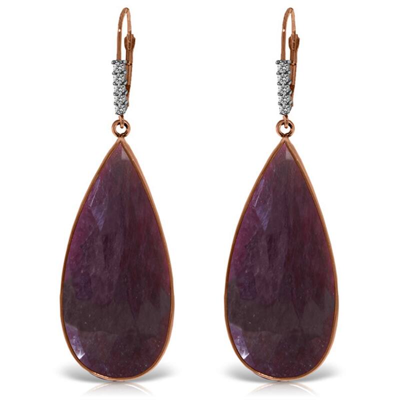 14K Solid Gold Diamonds Leverback Natural Ruby Gemstone Earrings - Rose