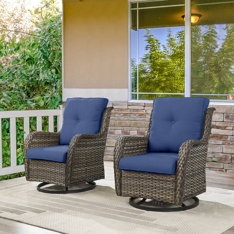 ArcoBay Wicker PE Rattan Outdoor Patio Swivel Glider Chairs with 4'' Olefin Cushions (2-Pack) - Gray Wicker - Navy Blue