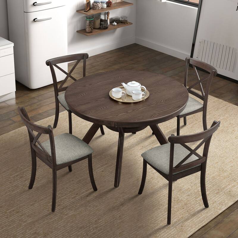 Modern 5-Piece Dining Set with Round Table & 4 Cross Back Upholstered Chairs