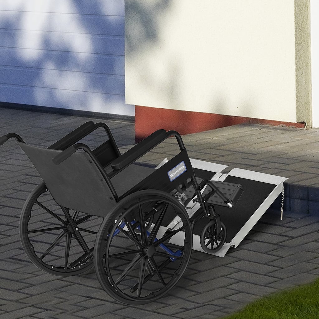 HOMCOM Wheelchair Ramp 2FT, Folding Aluminum Threshold Ramp with Non-Slip Surface, Transition Plates Above and Below