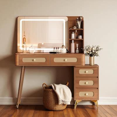 47'' Vintage Makeup Vanity with Mirror and Lights, Dressing Table with 5 Drawers, Storage Shelf & Rattan Design
