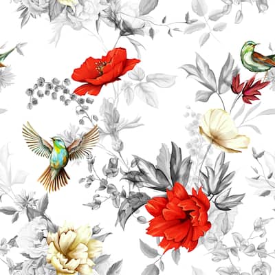 Summer Poppies and Birds Removable Wallpaper - 10'ft H x 24''inch W