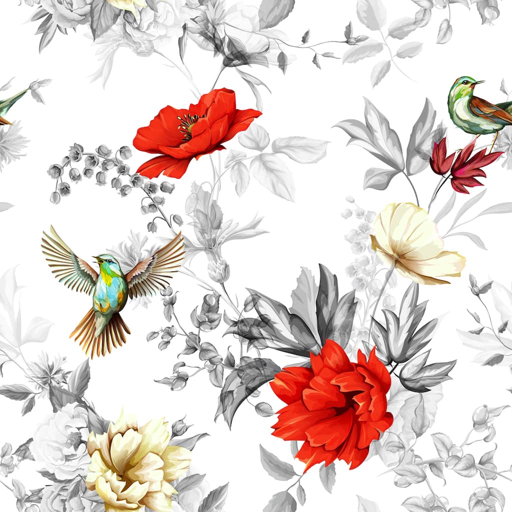 Summer Poppies and Birds Removable Wallpaper - 10'ft H x 24''inch W