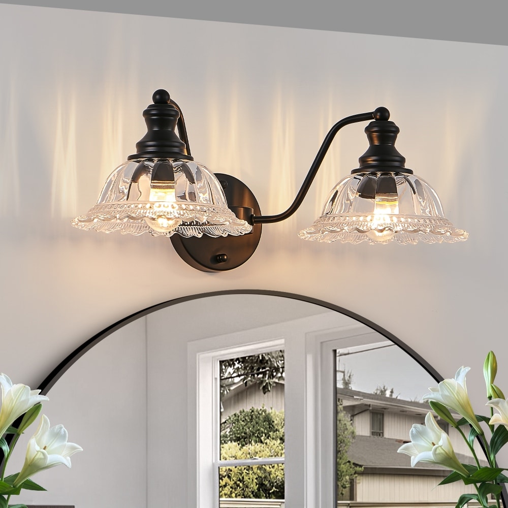 20 in. 2-Light Vintage Black Metal and Glass Bathroom Wall Sconce (Bulb Not Included)