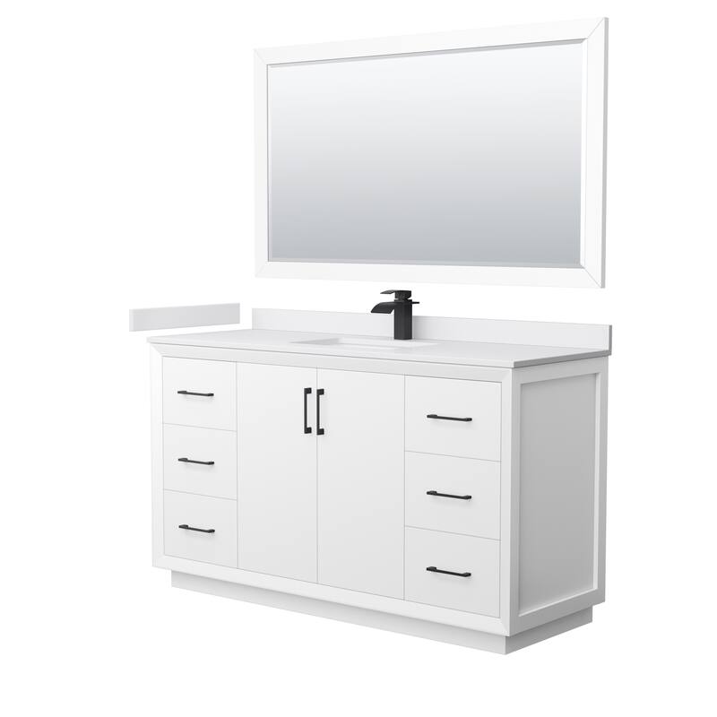 Strada 60-Inch Single Vanity Set, Cultured Marble Top, 58-Inch Mirror - White, Black Trim, White Cultured Marble Top