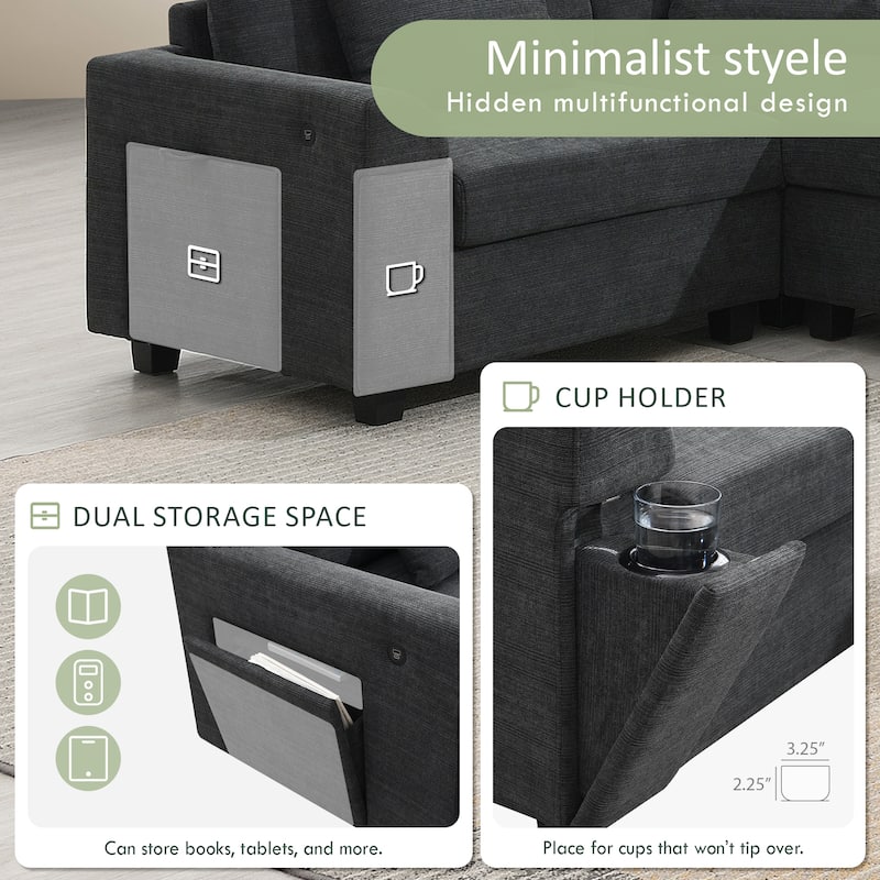 128" Chenille U-Shaped Sectional Sofa with Storage & USB