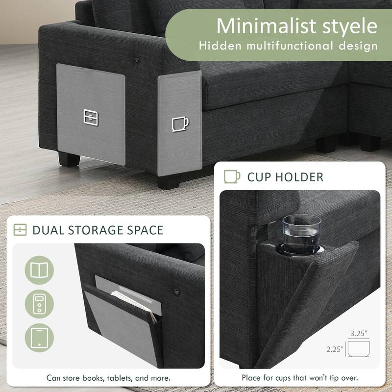 Modern U Shaped Modular Sofa with Hidden Storage and Cup Holders and Charging Ports for Living Room or Guest Room
