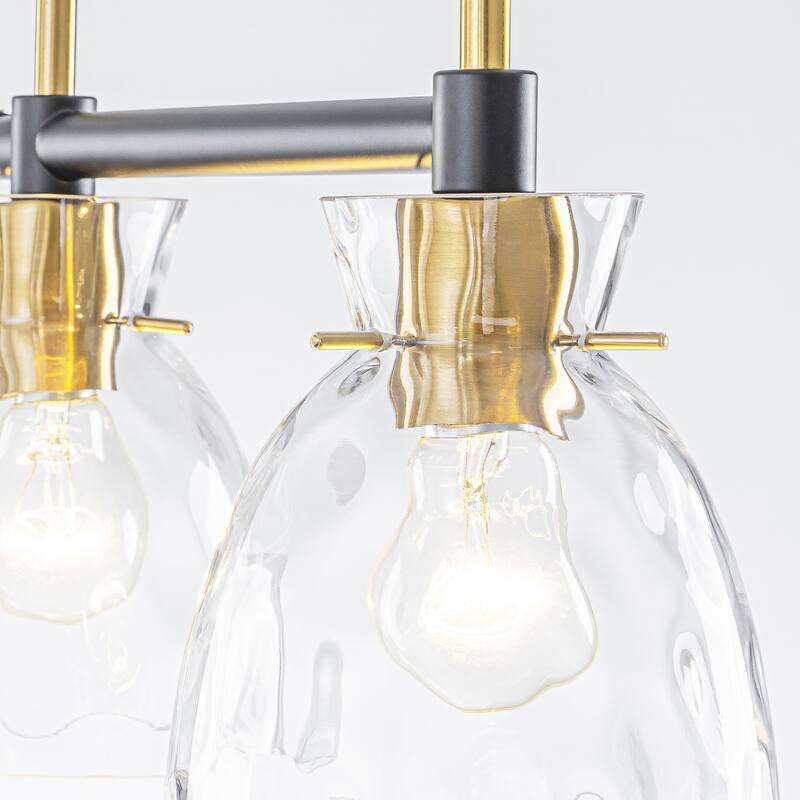 5-Light Modern Industrial Black & Gold Textured Glass Linear Pendant Light- Adjustable Hanging Ceiling Fixture for Dining Room,