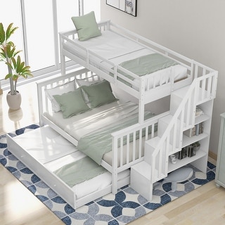 Stairway Twin Over Full Bunk Bed with Twin size Trundle and Guard Rail