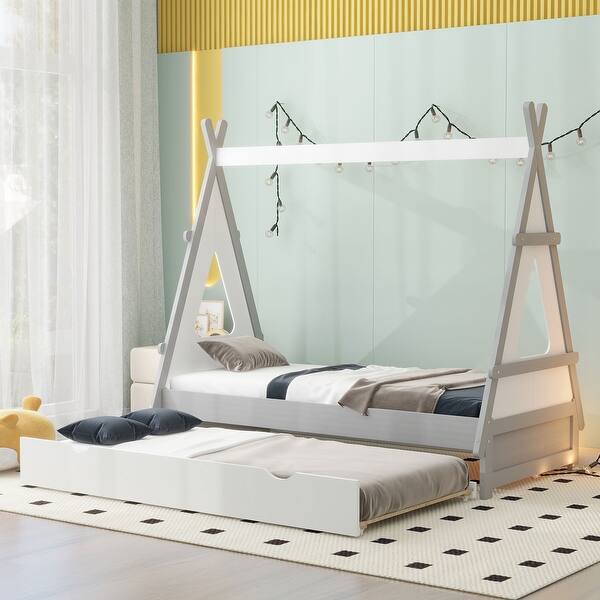slide 2 of 8, Twin Tent Floor Bed with Trundle, Pine Wood, Sturdy Kids' Bed White