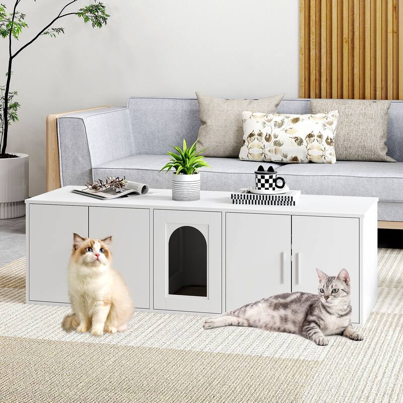 White Engineered Wood Cat Litter Box Cabinet with Double Rooms and Scratcher