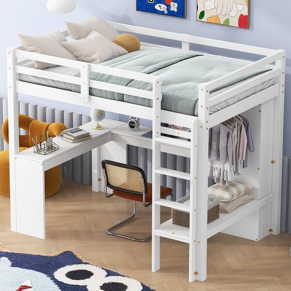 slide 2 of 11, Twin Loft Bed with L-shaped Desk, Wardrobe, and Storage Shelves, White White