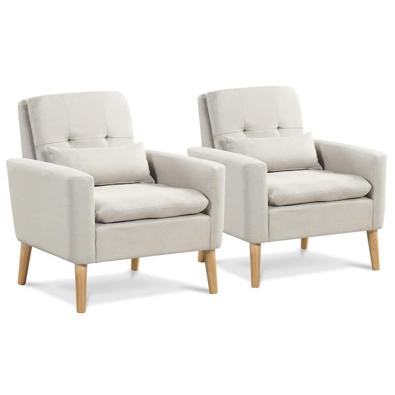 Gymax 2PCS Mid-century Accent Chair Linen Fabric Reading Armchair w/ - Beige