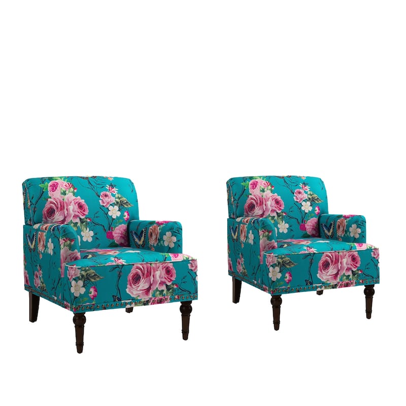 Set of 2 Stripe Linen Accent Arm Chairs with Nailhead Trim and Wood Legs