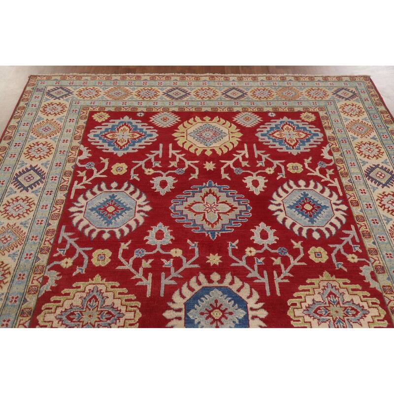 Hand Knotted Oriental 100% Wool Carpet Traditional All-Over Red Kazak Area Rug - 9' 2'' X 5' 11''
