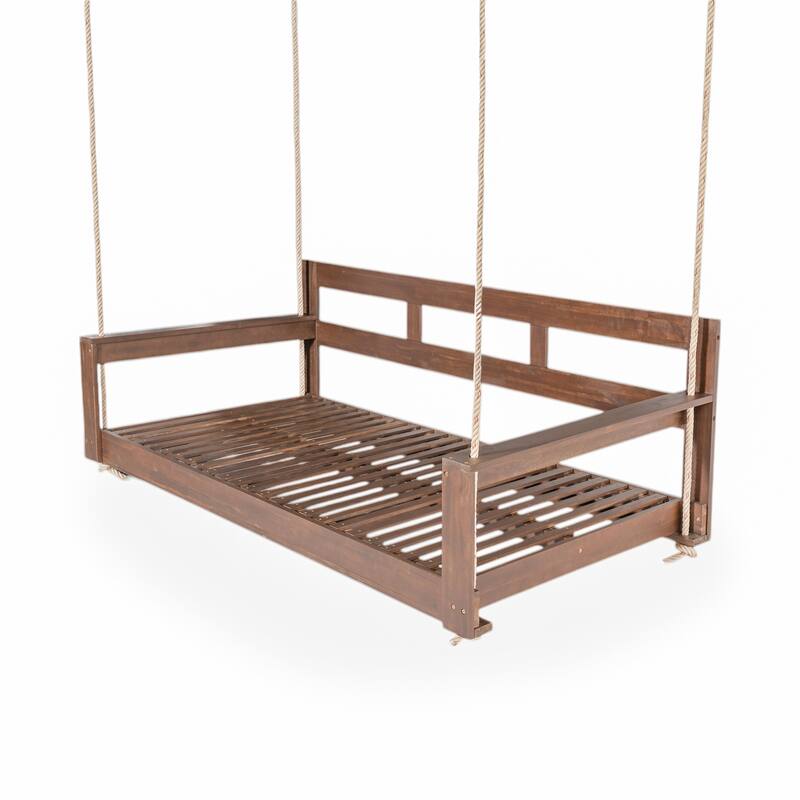 Patio Wood Twin Size Swing Bench with Hanging Ropes(No Cushion,Pillow)