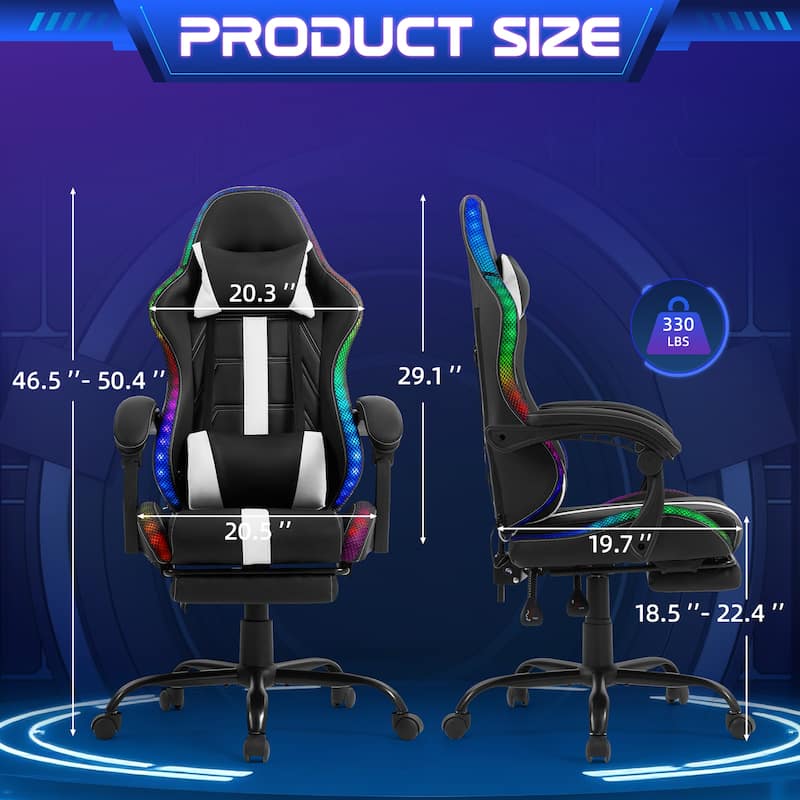 EROMMY RGB LED Gaming Chair with Thickened Massage Lumbar Pillow & Upgraded Footrest, Reclining Ergonomic Chair