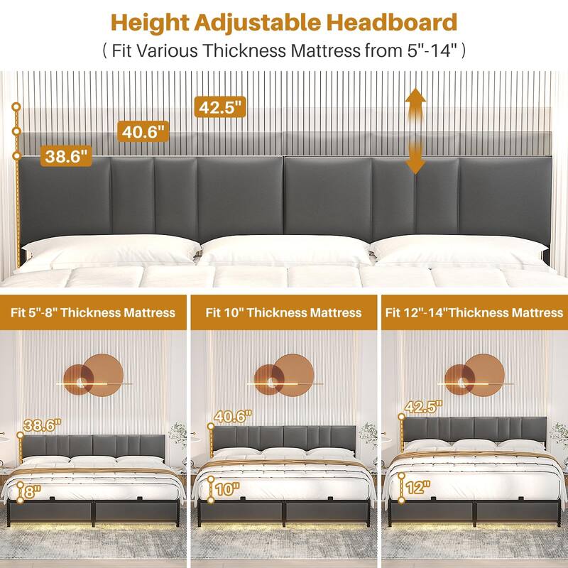 Platform Bed Frame with Ajustable Upholstered Headboard, Bed with USB Port and Charge Station