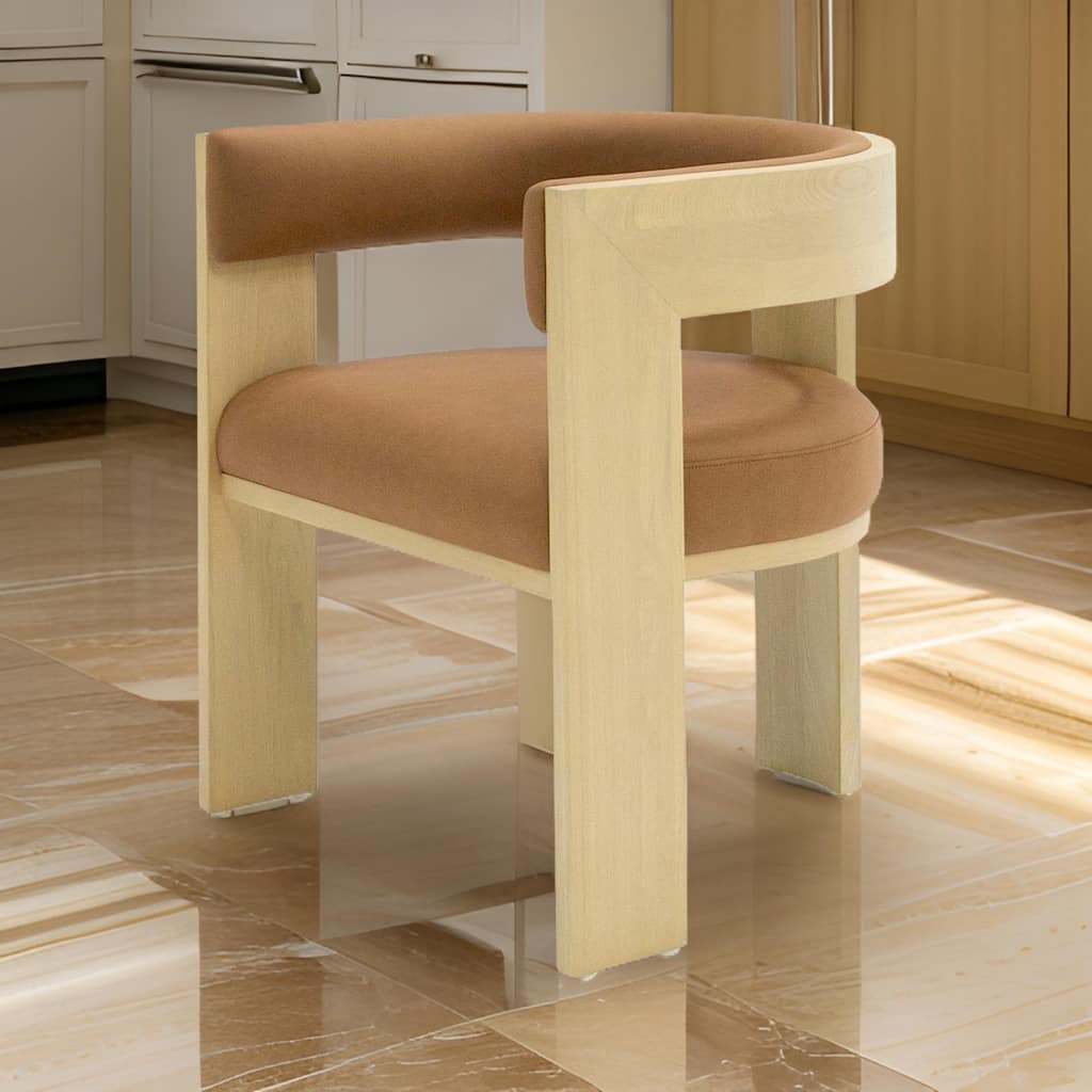 24 Inch Dining Chair, Curved Open Back, Cushioned, Natural Ash, Rust Fabric