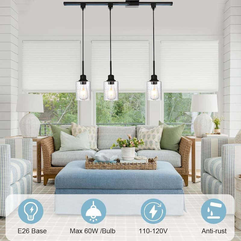 3-Lights H-Type Track Light, Dimmable Track Mount Pendant Lighting Fixtures with Seeded Glass Shade, track include