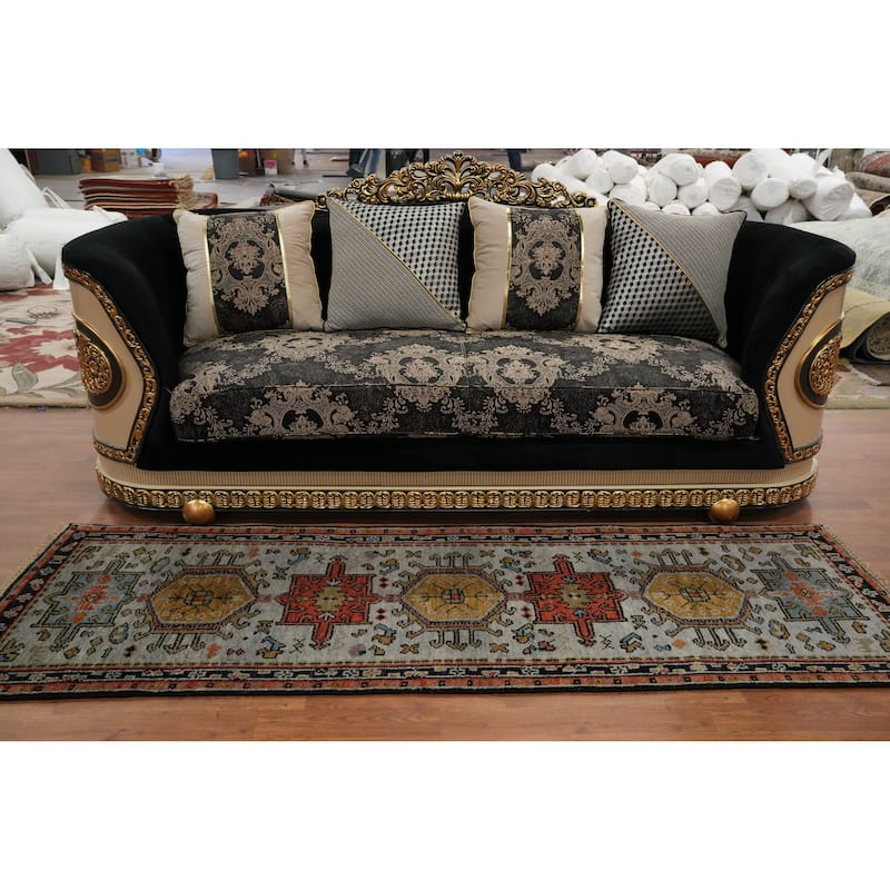 Hand-knotted Traditional Wool Grey Geometric Area Rug Oriental Carpet - 7' 11'' X 2' 6''