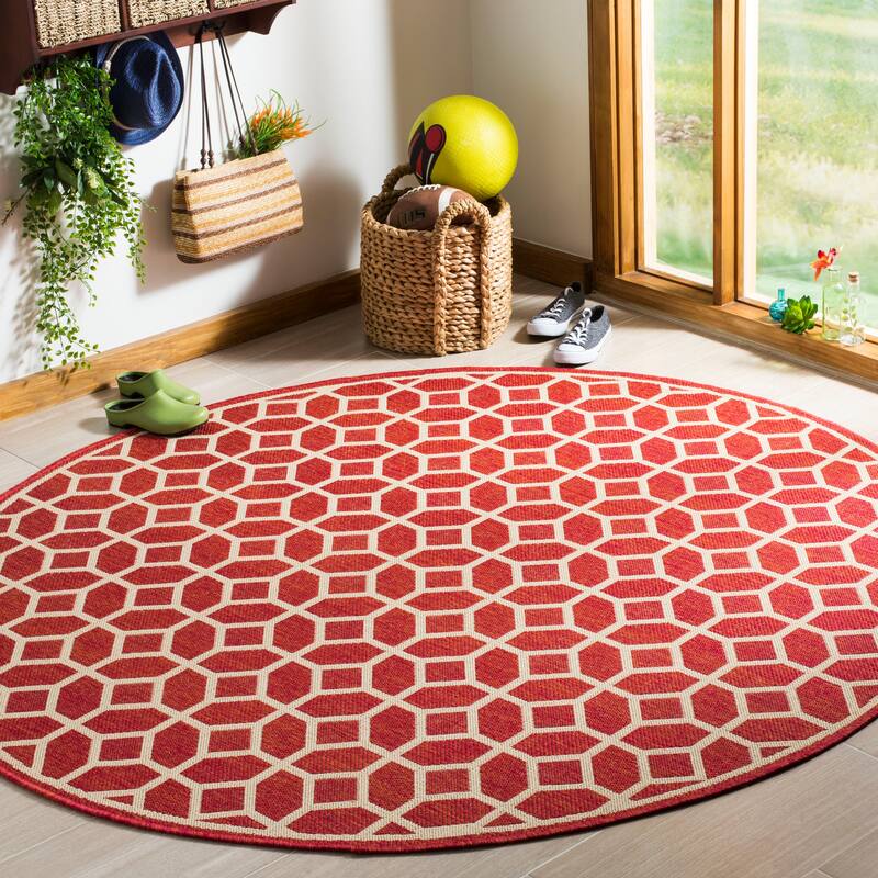 SAFAVIEH Linden Felia Indoor/ Outdoor Waterproof Patio Backyard Rug - 6'7" Round - Red/Creme