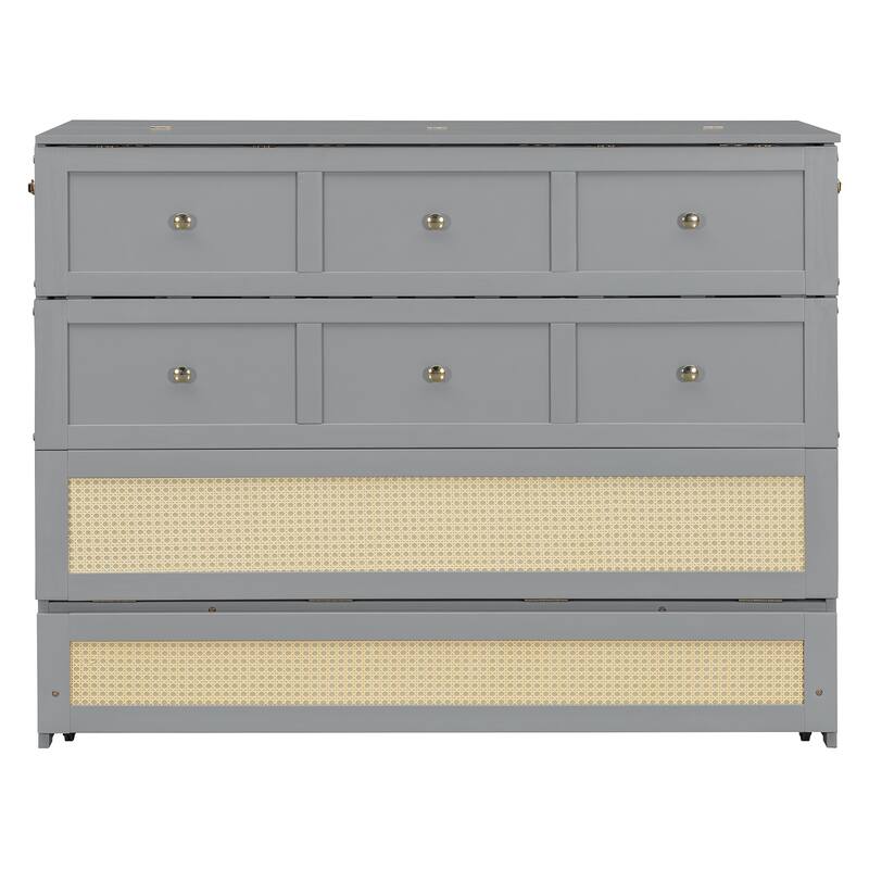 Convertible Full Size Murphy Bed Cabinet with Rattan Accents and Storage Drawer by Harper&Bright Designs